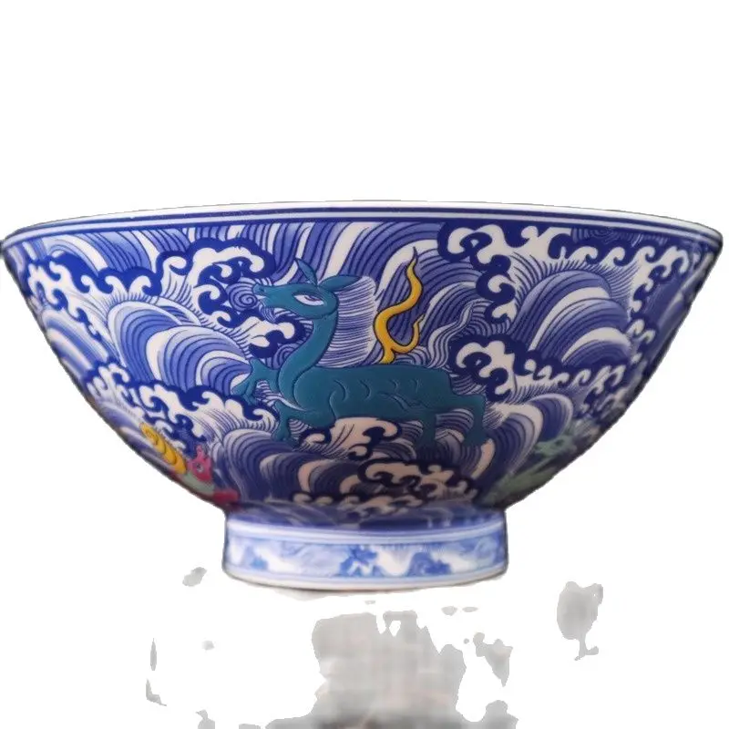 Chinese Old Porcelain Blue And White Bowl With Colorful Auspicious Animal Pattern Big Bowl