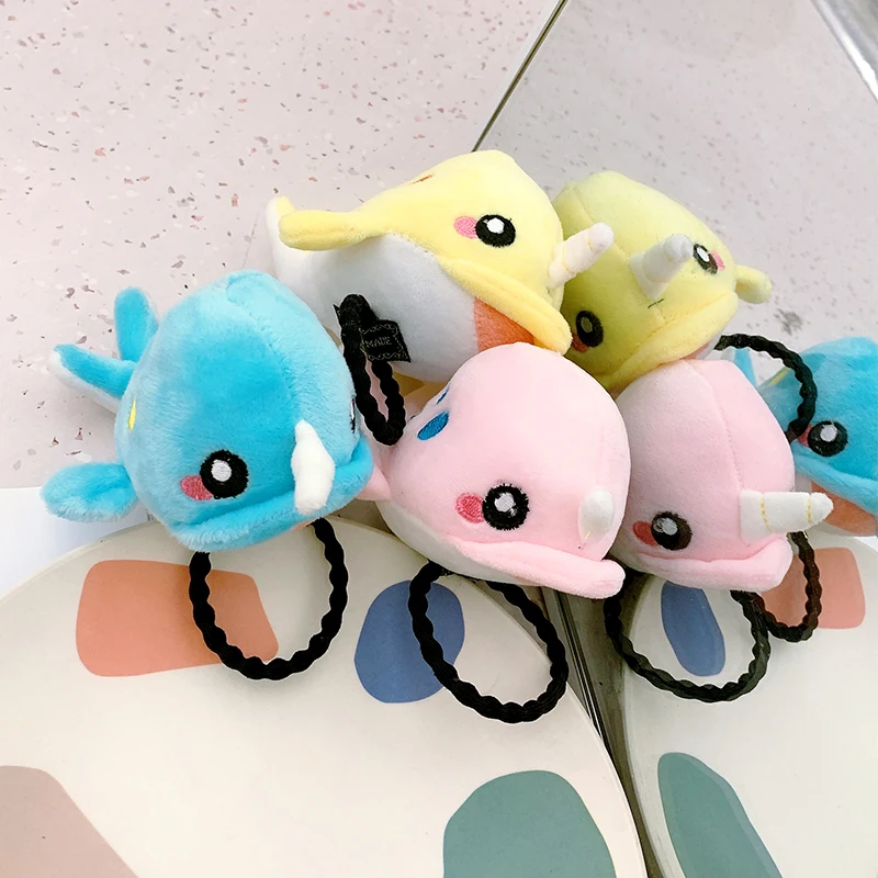 Blue Pink Yellow Green Cute Fluffy Dinosaur Dolphin Elastic Hair Bands Ponytail Holder Headwear For Girls