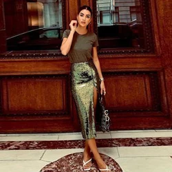 2020 Born To Stand Out Glittering High Waist Green Sequin Woman Skirts Custom Made Casual Slit Mid-Calf Fashion Party Maxi skirt