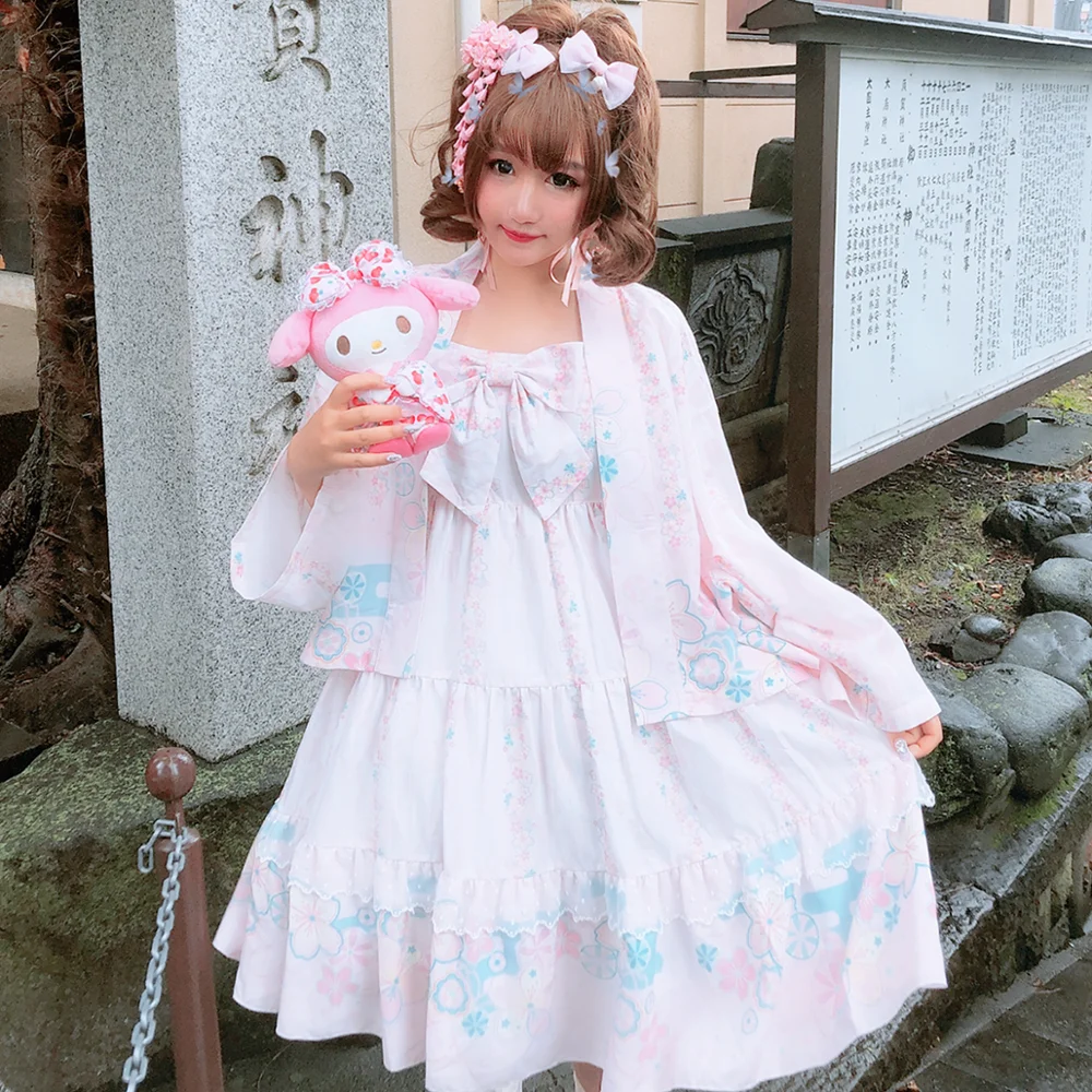 Preppy style student Chinese Hanfu soft girl retro sweet lolita victorian printing kawaii girl loli cosplay gothic lolita kimono