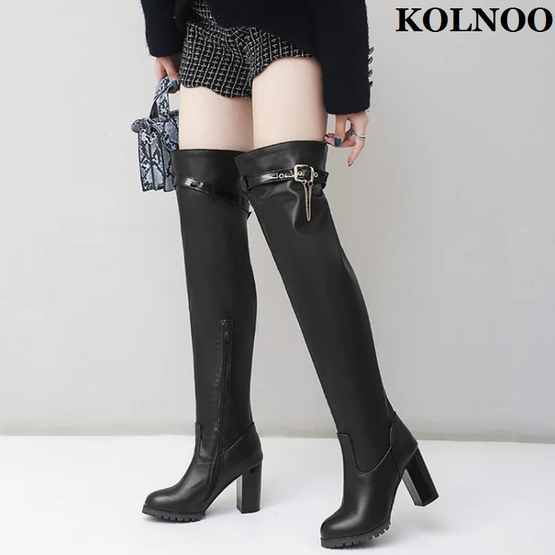 

Kolnoo Handmade New Women Chunky Heel Over Knee Boots Buckle Deco Evening Party Prom Winter Booties Black&White Fashion Shoes