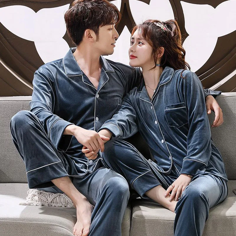 Velour Couple Pajamas Set Long Sleeve Shirt&Pants Autumn New 2PCS Sleepwear Lovers Pijamas Suit Casual Velvet Pyjamas Pour