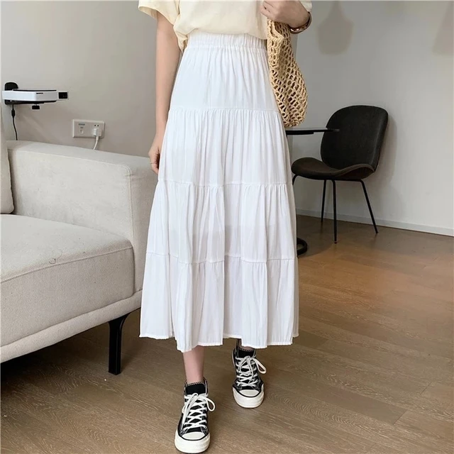 Jupe trapeze en mousseline de soie pour femme vintage taille haute elastique patchwork blanc noir chic longue etudiante printemps ete