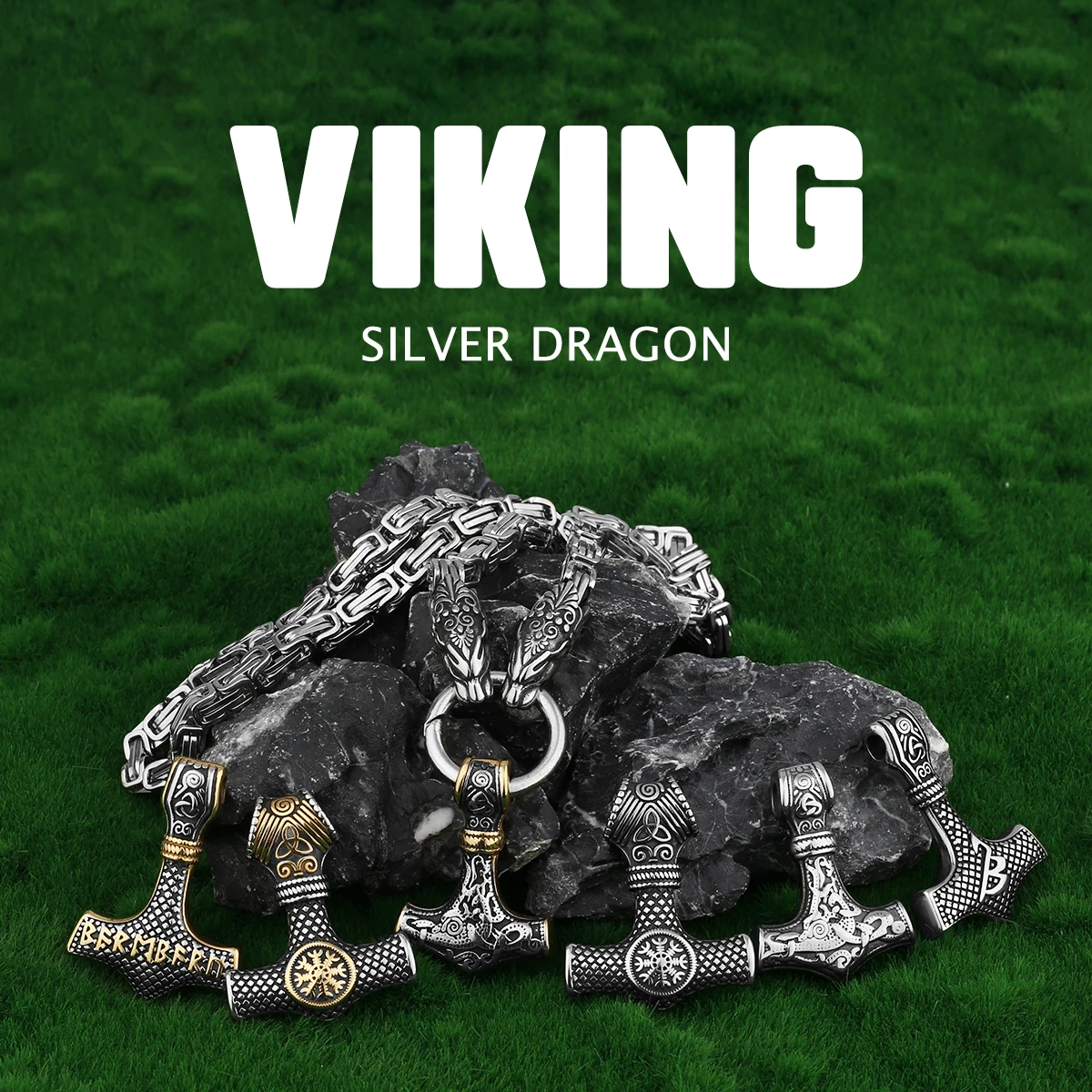 2021 New Fashion [316L Stainless Steel] Nordic Domineering Viking Dragon Thor's Hammer Men's Pendant Necklace Jewelry Gift