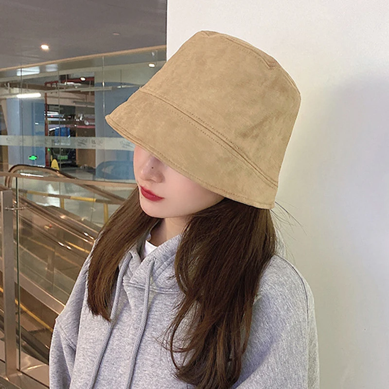 Autumn Suede Bucket Hat Women Fashion Flat Top Panama Cap Solid Color Irregular Brim Fisherman Hats Outdoor Travel Sunbonnet