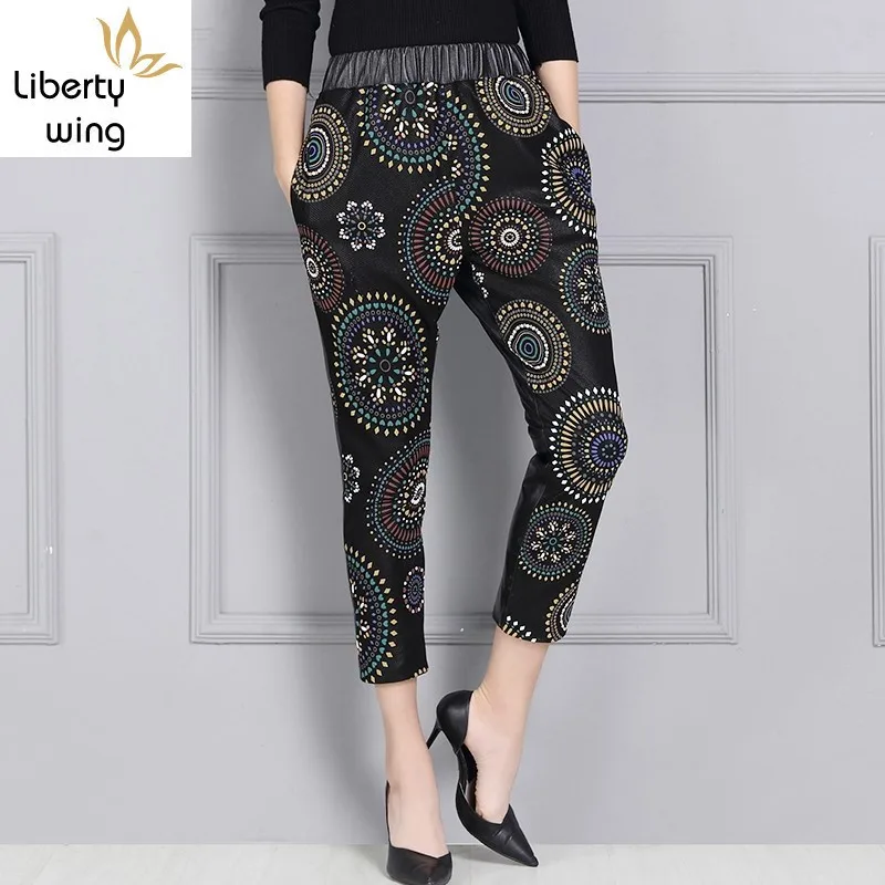 Genuine High Waist Harem Pencil Pants Women Fashion Printing Ankle-Length Sheepskin Real Leather Brand Luxury Trousers