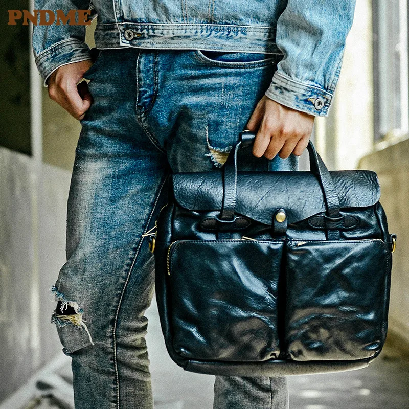 PNDME-Bolso de mano de cuero genuino para negocios, maletín hecho a mano de diseñador de lujo, bolso de mensajero de piel de vaca real natural