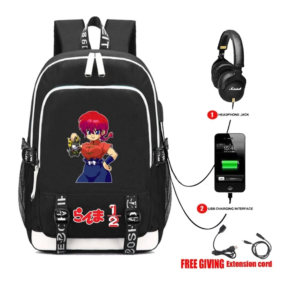 

multifunction USB charging Headphone jack bag Men women's travel Casual backpack School Bags for anime Ranma 2 backpack 6 style