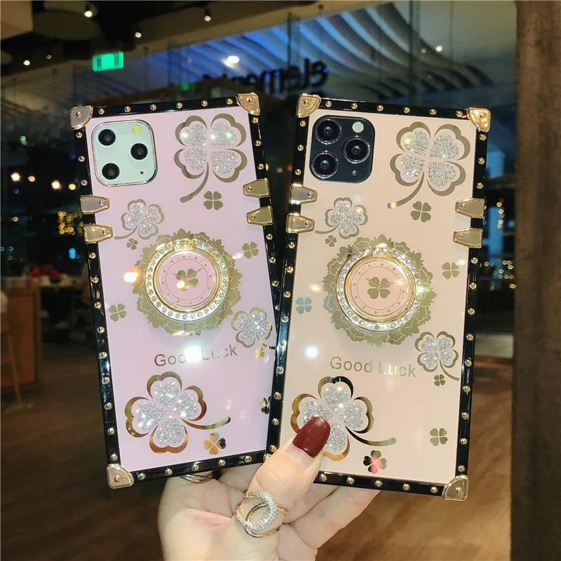 Glitter Rhinestone Lucky Four Leaf Clover Case for iPhone 16 15 14 Pro Max 13 12 11 XR XS X 8 7 6 Plus Ring Stand Funda 15pro