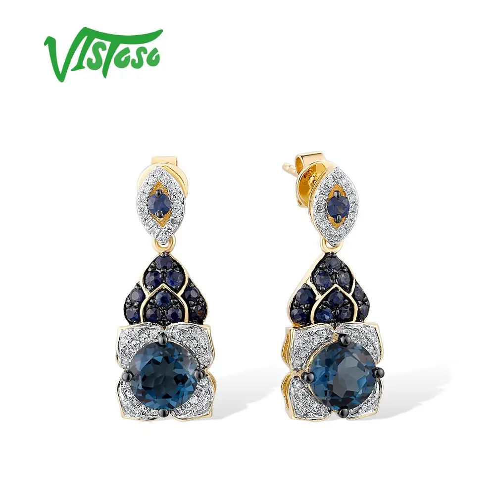 

VISTOSO Gold Earrings For Women Pure 14K 585 Yellow Gold Sparkling Diamond London Blue Topaz Sapphire Drop Earrings Fine Jewelry