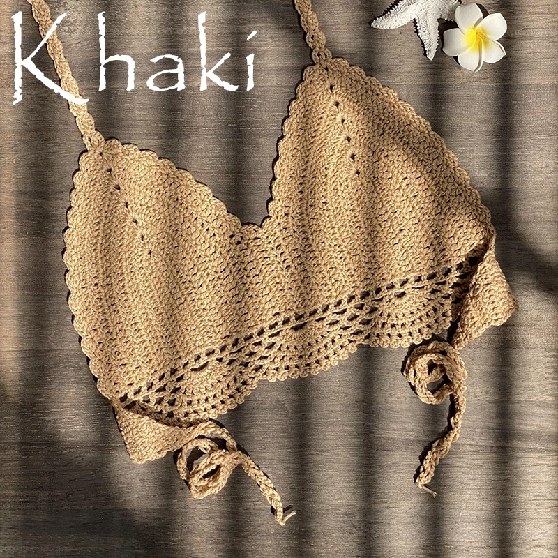 2021 New Bikini Top Handmade Crochet Women Boho Beach Bralette Solid Halter Knitted Swimsuit Brazilian Bikinis Bathing Suit Top