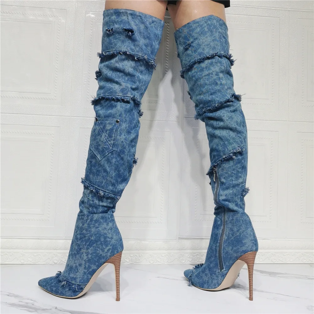 Kolnoo Handmade Cổ Điển Giày Cao Gót Quá Đầu Gối Giày Denim Miếng Dán Cường Lực Da Tối Đùi-Giày Cao Gợi Cảm Thời Trang Mới giày