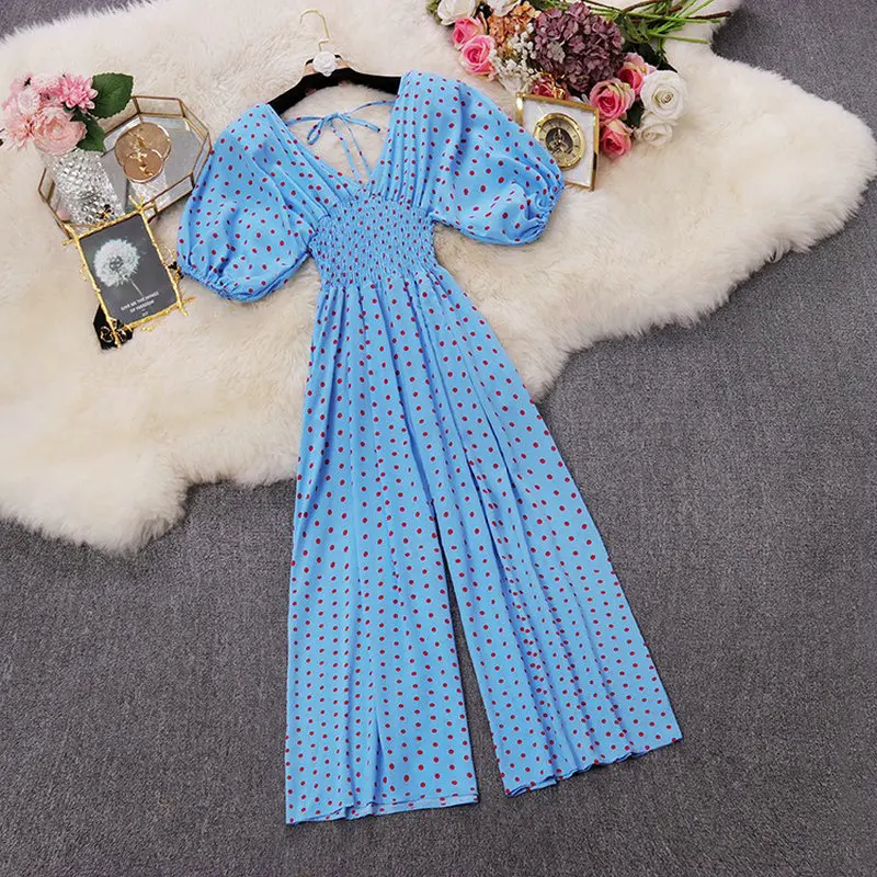 HISUMA summer new women's dot print deep V neck puff sleeve chiffon jumpsuit female V collar Wide leg playsuits women bodysuit