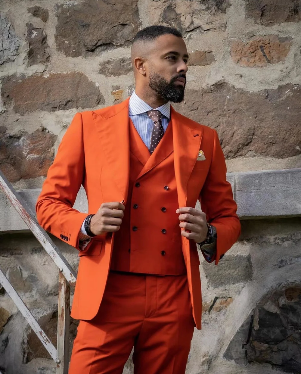 

3Pcs Orange Jacket Pants Vest Custom Made Wide Peak Lapel Blazer Trousers Men Suits Sets Wedding Party Wear Coat+Pants+Waistcoat