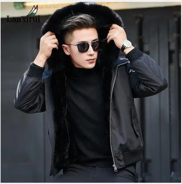 Inverno falso forro de pele de guaxinim com capuz jaqueta masculina, inverno quente parkas masculino tamanho grande M-4XL