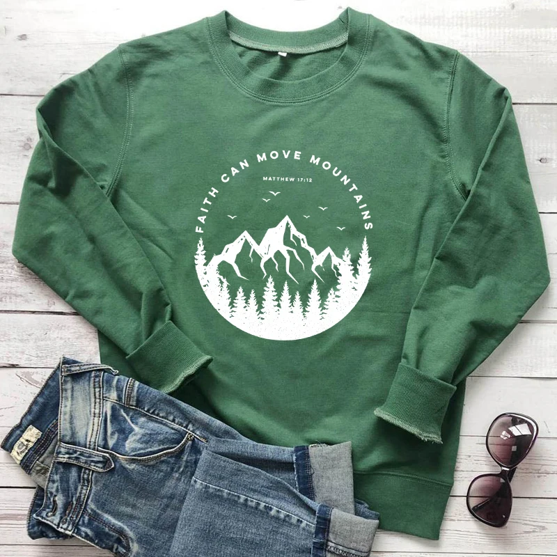 100% Cotton Faith Can Move Mountains Sweatshirt Vintage Women Christian Bible Verse Sweatshirt Aesthetic Jumper Camping Pullover