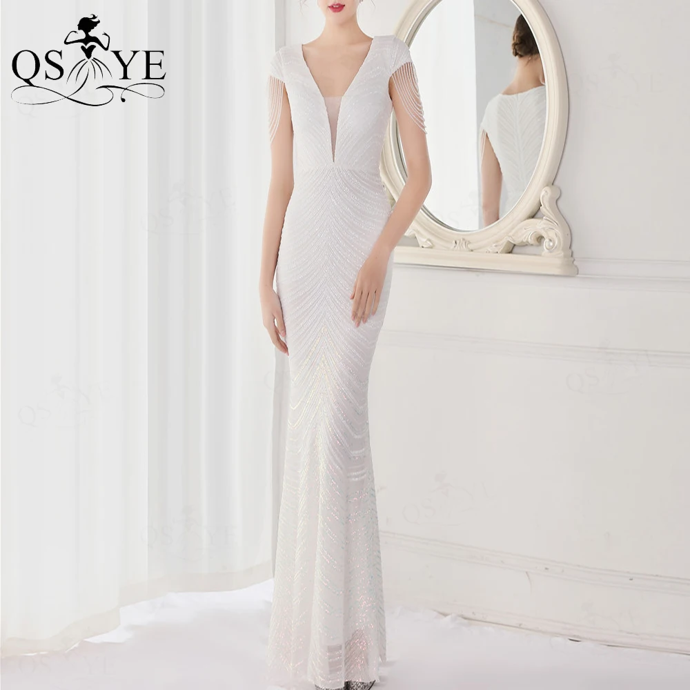 Shiny White Twill Lace Wedding Dresses Mermaid Sequin Bridal Gown V Neck Beading Cap Sleeves Elegant Bride Marriage Fit Dresses