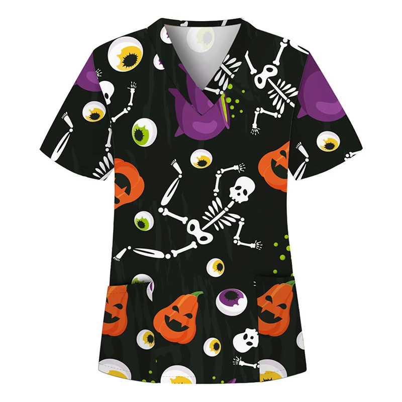 S-3XL Halloween Short Sleeved V-neck Unisex Nursing Scrub Uniform Hospital Doctor Operating T-shirt