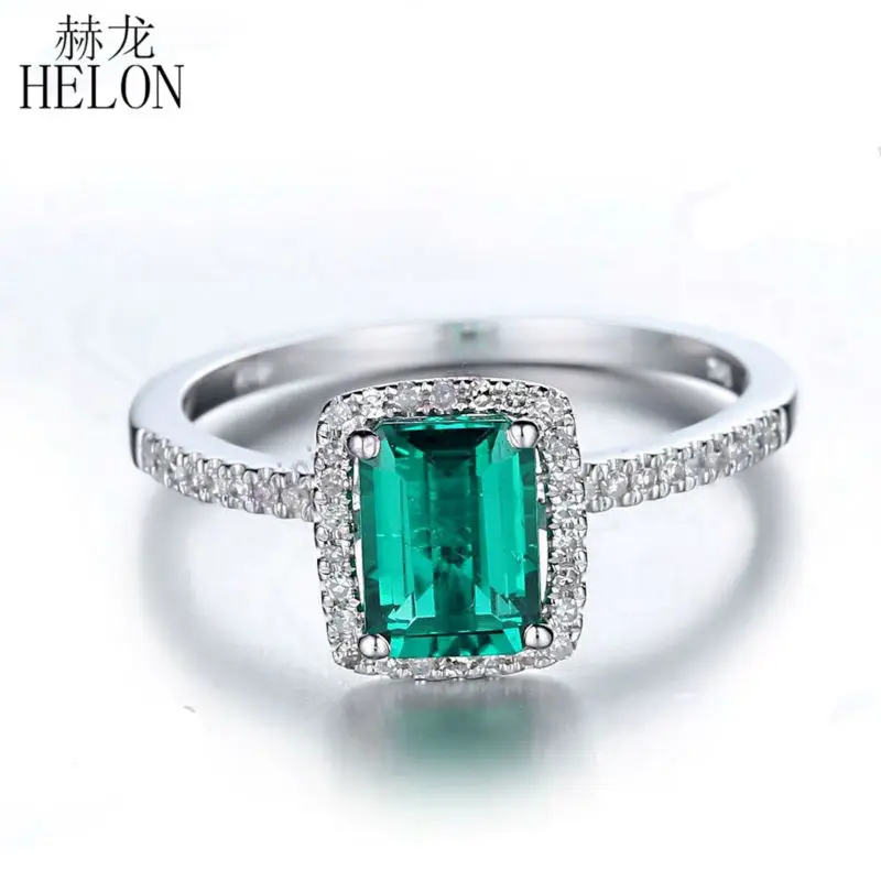 HELON Solid 14K White Gold Flawless 1.3ct Treated Emerald Diamonds Engagement Wedding Ring  For Women Birthday Anniversarry Gift