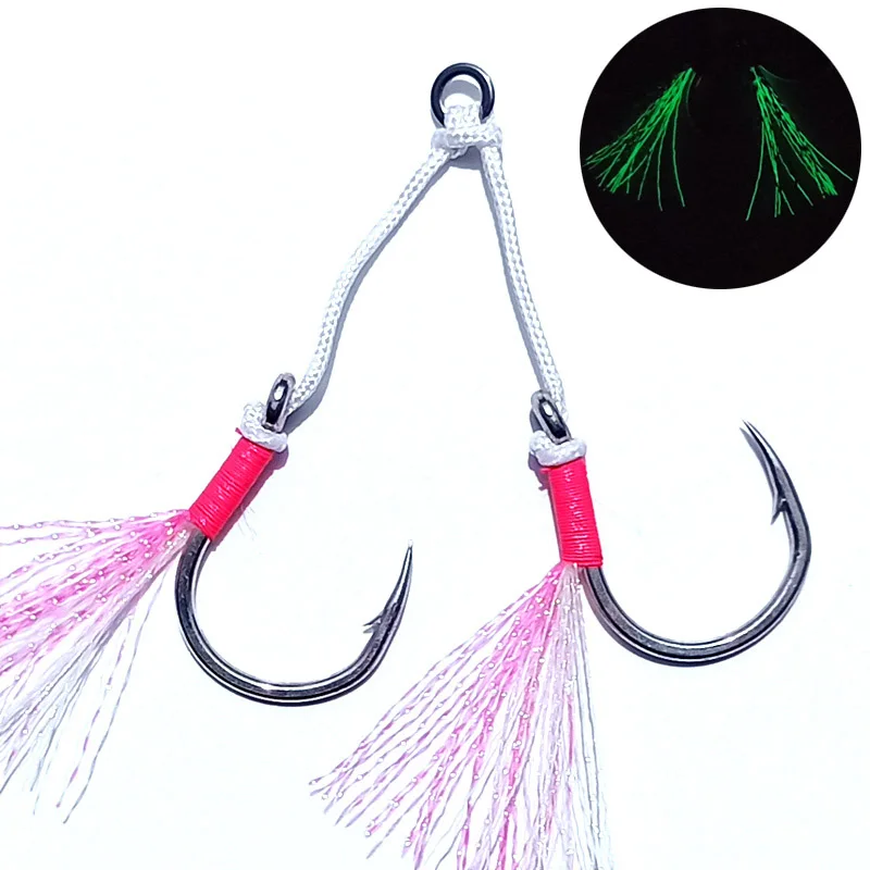 

Glow Luminous Slow Jig Silicone Skirt Assist Hook, Jigging Hook, Sea Fishing Hook with Feather, 1/0, 2/0, 3/0, 4/0