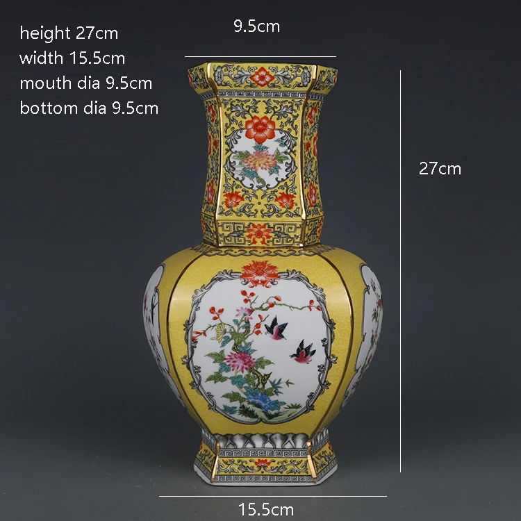 Imagem -06 - Qianlong Esmalte Amarelo Flor e Pássaro Padrão Quadrado Vasw Jingdezhen Porcelana Antiga Mobiliário Doméstico Antiguidades