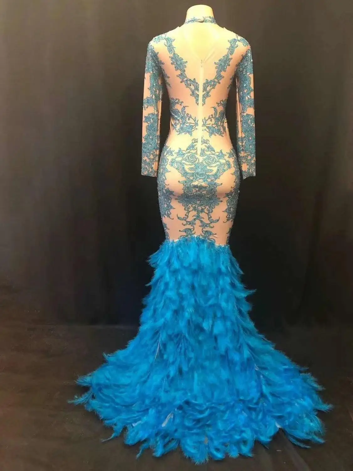 Feminino nova pena azul brilhante strass estiramento vestido longo palco outfit aniversário celebrar vestidos palco noite roupas