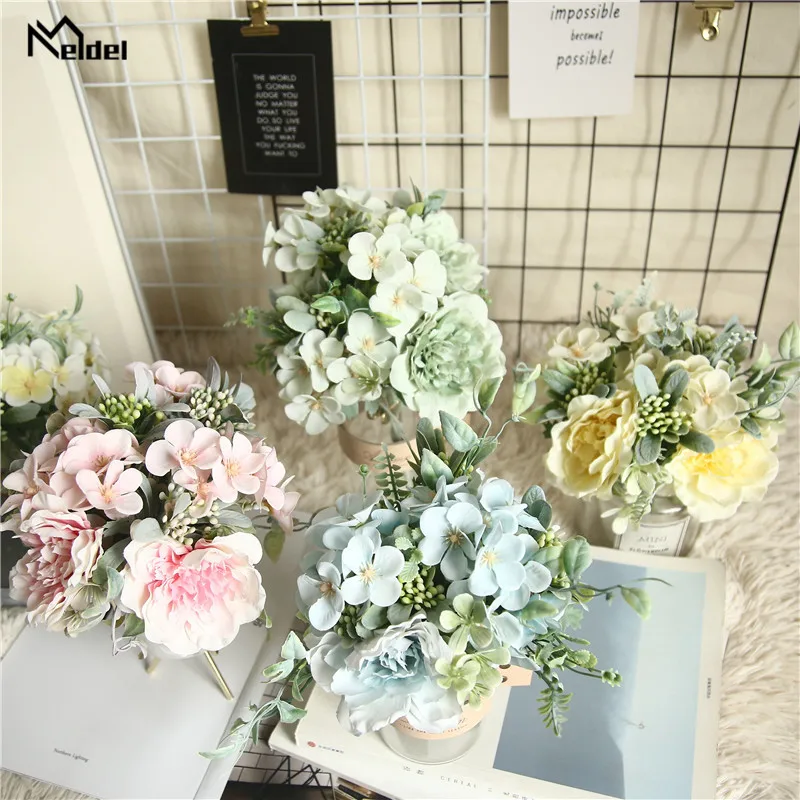 Meldel ブライダルブーケ椿人工牡丹バラの花シルク偽フローレス結婚式の花 Diy の家庭菜園パーティーの装飾