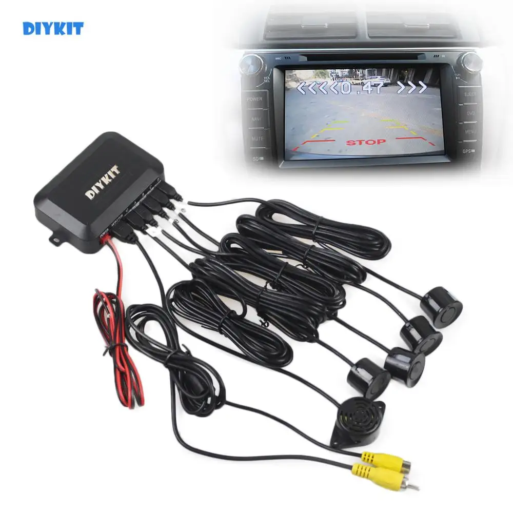 DIYKIT Car Reverse Video Parking Radar 4 Sensor Rear View Backup Security System Sound Buzzer Alert Alarm for Camera Car Monitor