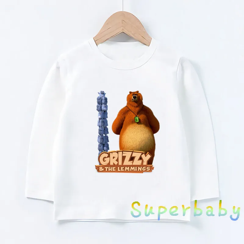 Cute Grizzly Bear And Lemming Cartoon Print Kids Funny T-Shirts Girls Clothes Baby Boys Long Sleeve T shirt Kawaii Children Tops