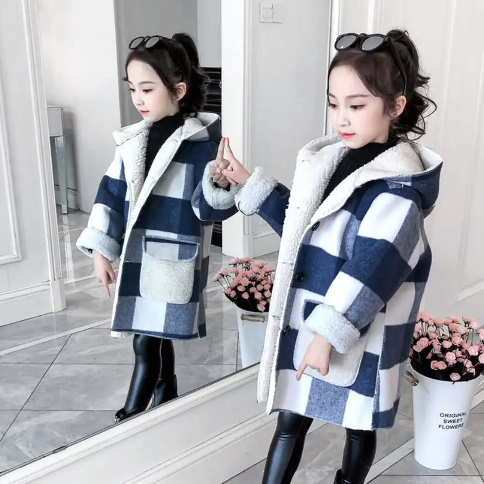 2024 Autumn winter Girls Casual Jackets Hooded Outerwear Fashion Woolen Long Coat Children Clothing Cute Baby Girls 8 10 12 year