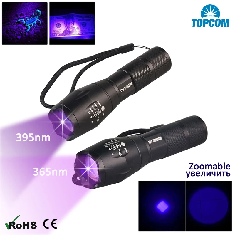 Topcom 3w zoomable luz uv 365nm 395nm led lanterna uv nova classe militar tático lanterna ultravioleta 18650 tocha