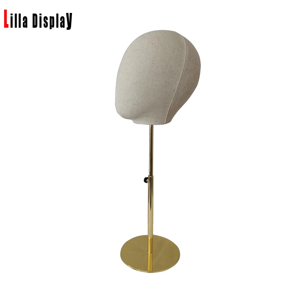 lilladisplay height adjustable gold color round base natural linen hats display mannequin head  L01