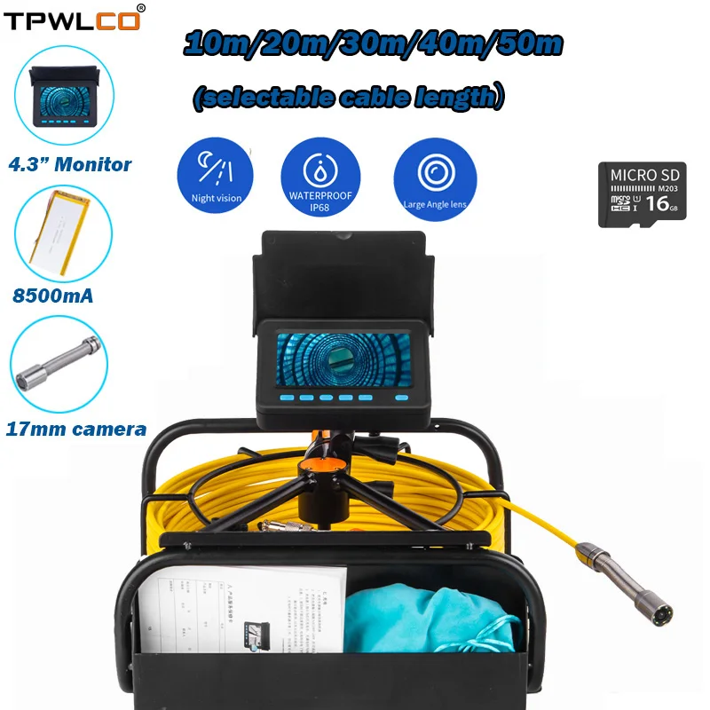 

4.3inch LCD Display 10-50m Cable 17mm Sewer Video Camera Used For Pipe Pipeline Inspection Camera System With DVR