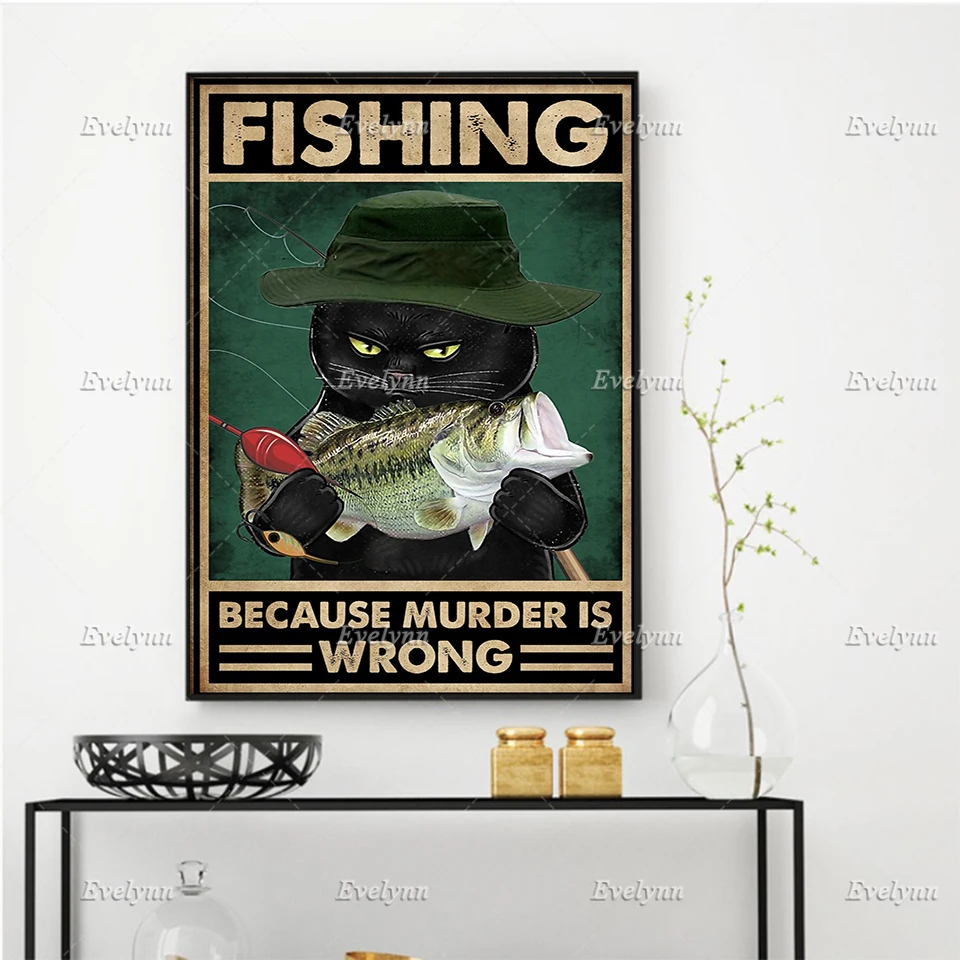 Black Cat Retro Poster Fishing Fisher Gifts Fishing Because Murder Is Wrong Wall Art Prints Home Decor Canvas Floating Frame