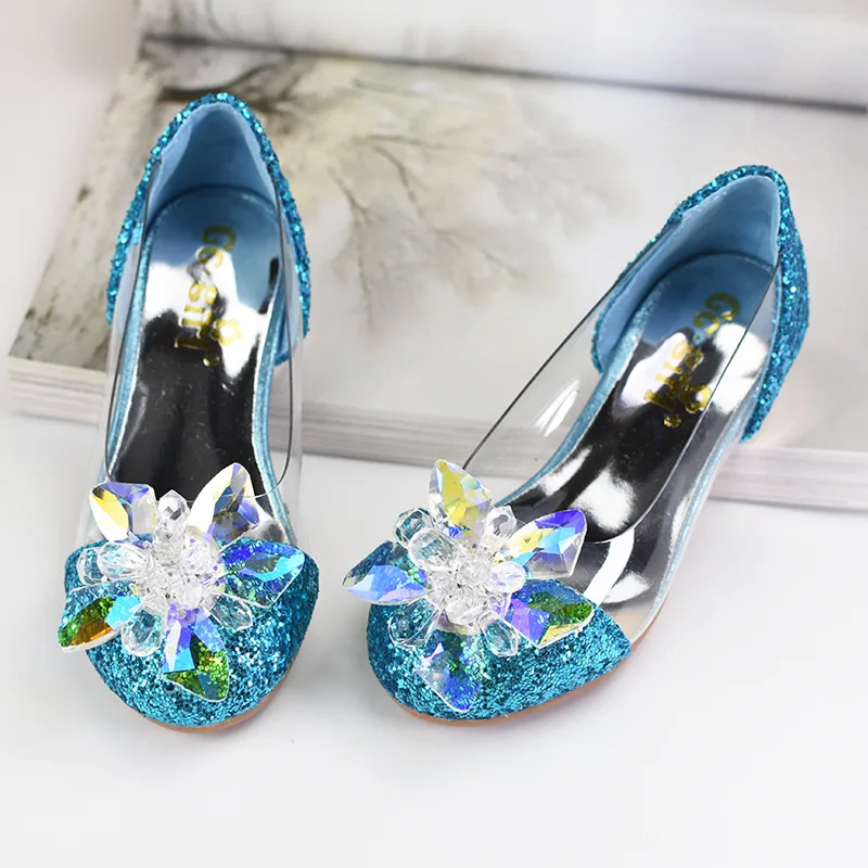 Zapatos de tacón alto de cristal de Cenicienta para niños, zapatos de fiesta de princesa transparentes con lentejuelas, vestido de diamantes para