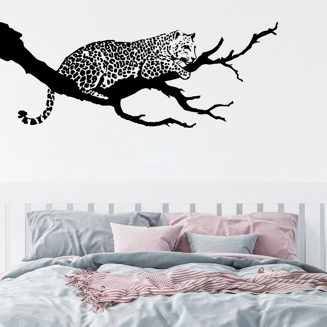 Cartoon Leopard Branch Wall Sticker Bedroom Living Room Cat Tiger Zoo Jungle Animal Tree Wall Decal Vinyl Home Decor