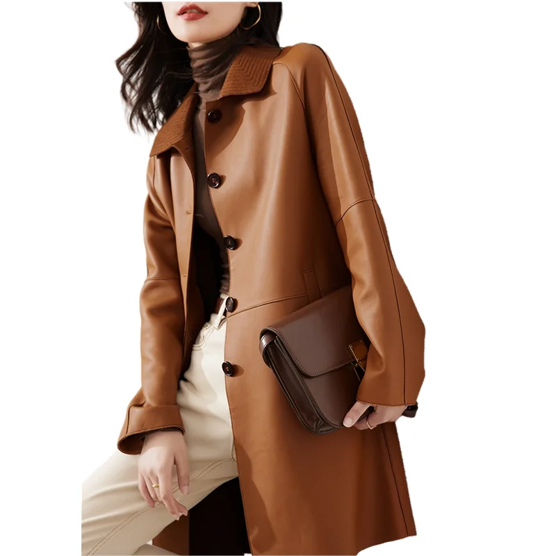 

Mid Length Sheepskin Trench Coat for Women, Genuine Leather Coat, Lapel Collar, Belt, Spring, Autumn, OL Fashion