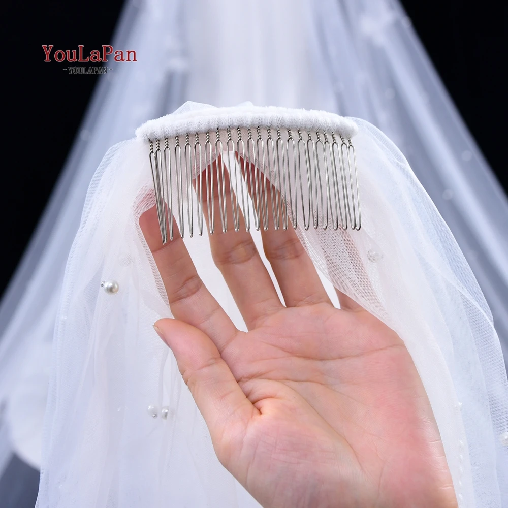 YouLaPan V05 Elegant Wedding Veil for Bridal Romantic Scattered Pearls Marries 5 Meters Bridal Veil Cathedral Wedding Veil Ivory