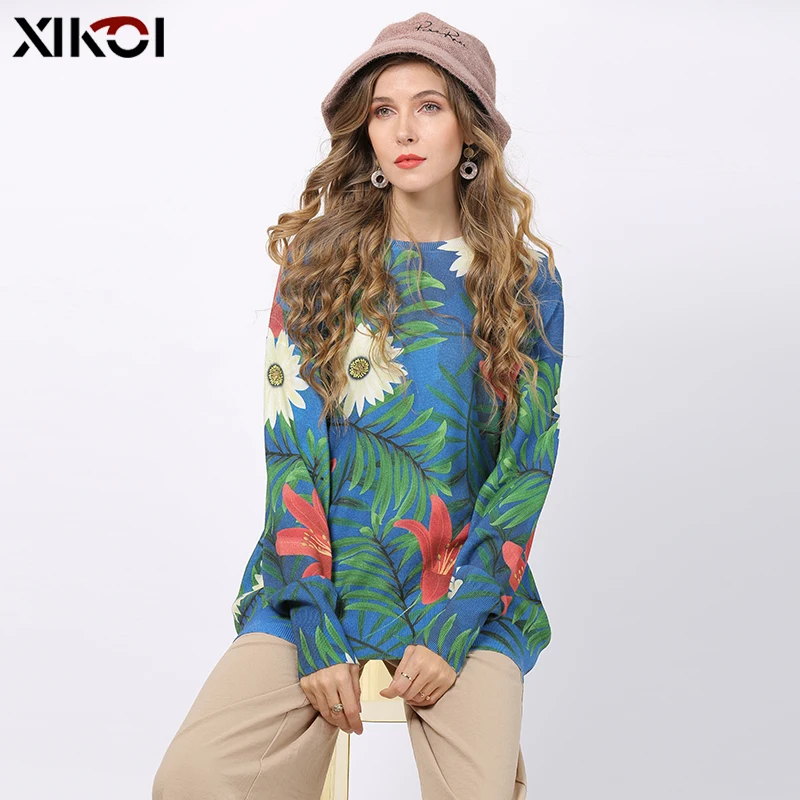 XIKOI Women Casual Printed Sweaters Pullovers Winter Trendy O-Neck Loose Knitted Clothing Casual Femme Pullovers Plus Size Pull