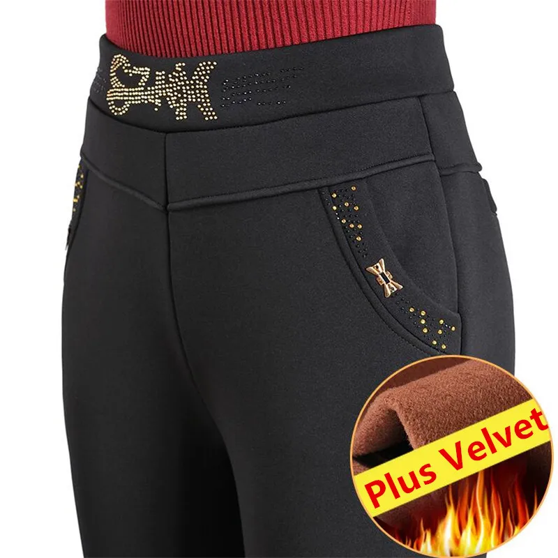 Autumn Winter Middl Aged Women Pants Warm Velvet Elastic High Waist Casual Straight Pants Female Trousers Plus Size Black P179