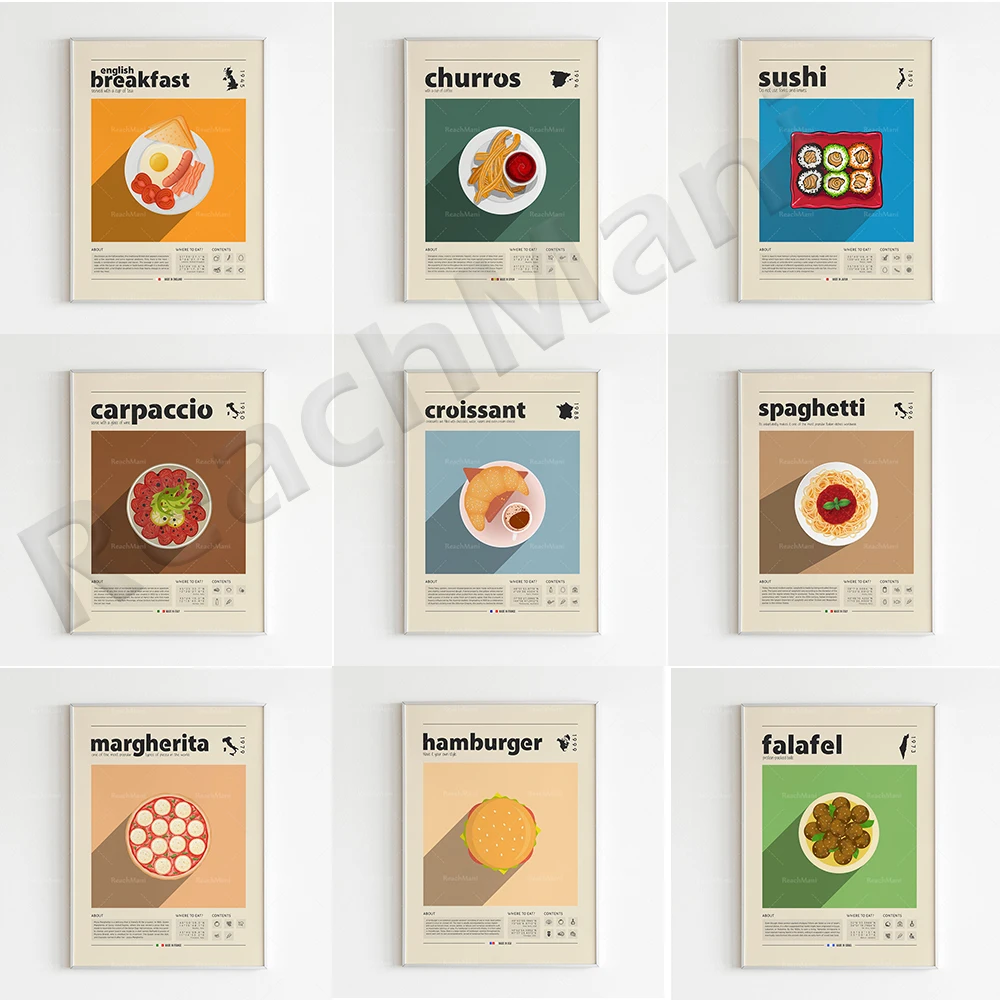

Food prints, croissants, fried dough sticks, carpaccio, English breakfast, bibimbap, pasta, sushi, burger food print posters