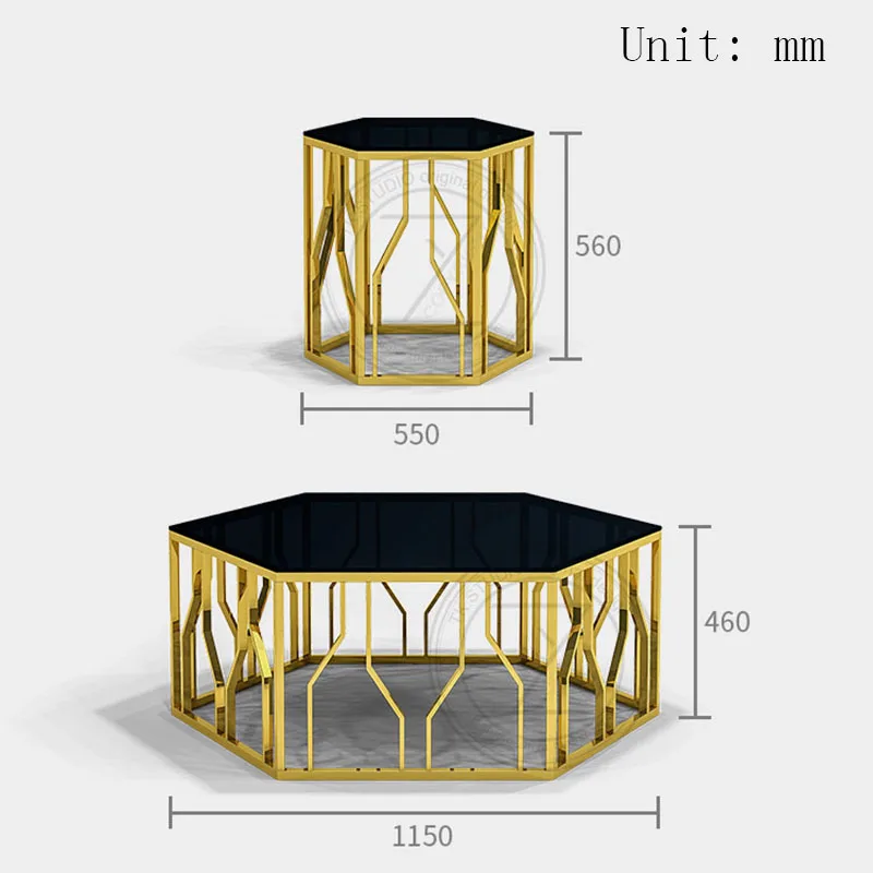 luxury group A living room matching combination size coffee table stainless steel golden tempered glass surface coffee table