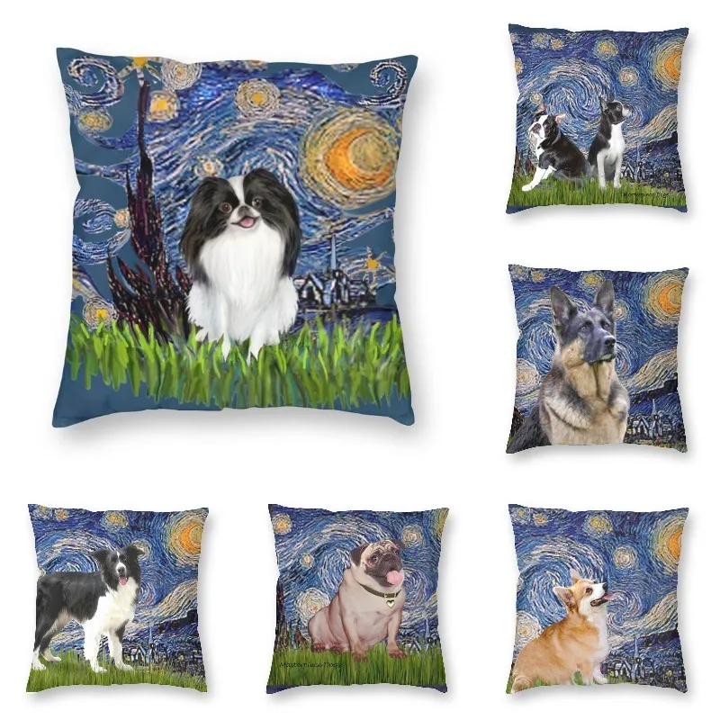 

Starry Night Free Form Japanese Chin Pillow Case for Living Room Van Gogh Dog Luxury Cushion Cover Car Pillowcase Sofa Cover