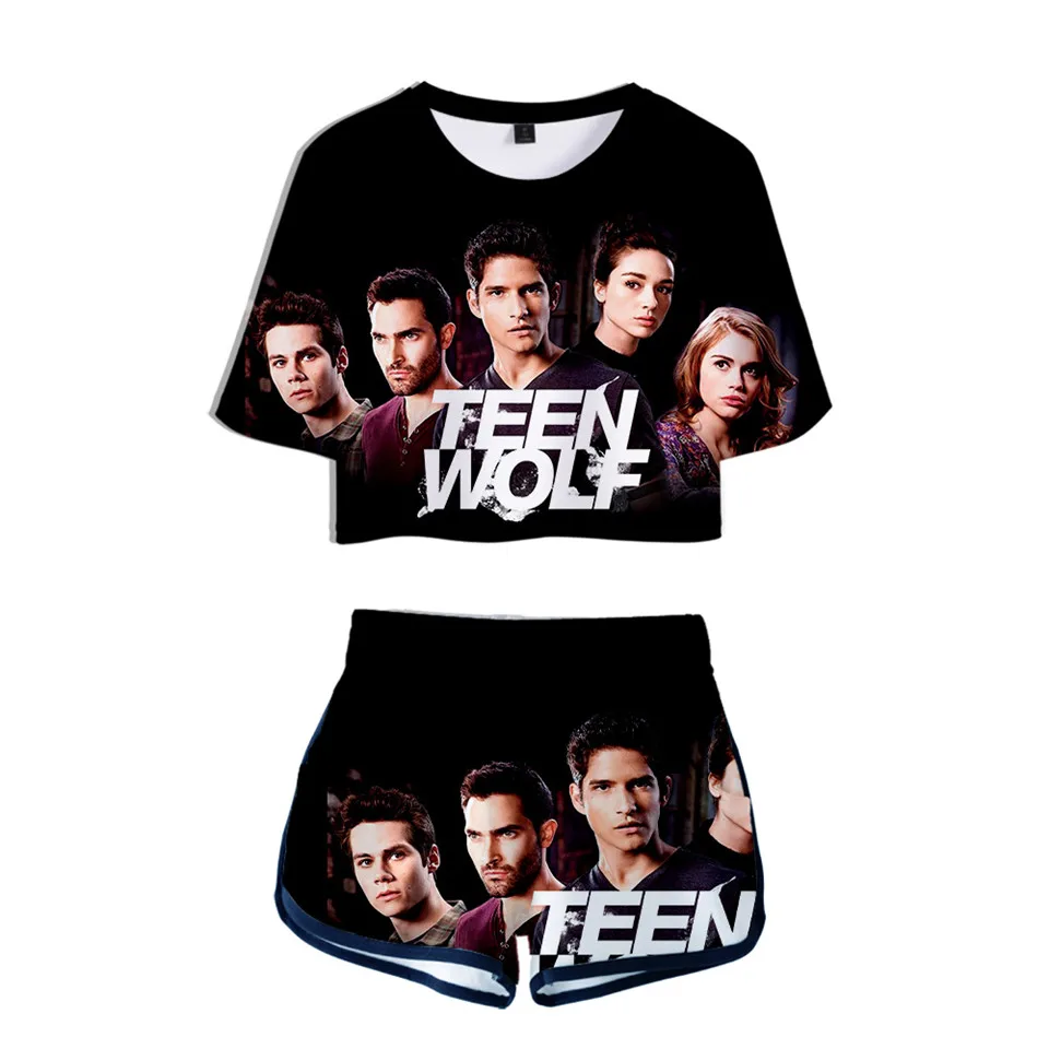 

TEEN WOLF Women Two piece Set Fashion Summer Short Sleeve Crop Top+Shorts kpop Hot Sale TEEN WOLF Trendy girl Tracksuit t shirt