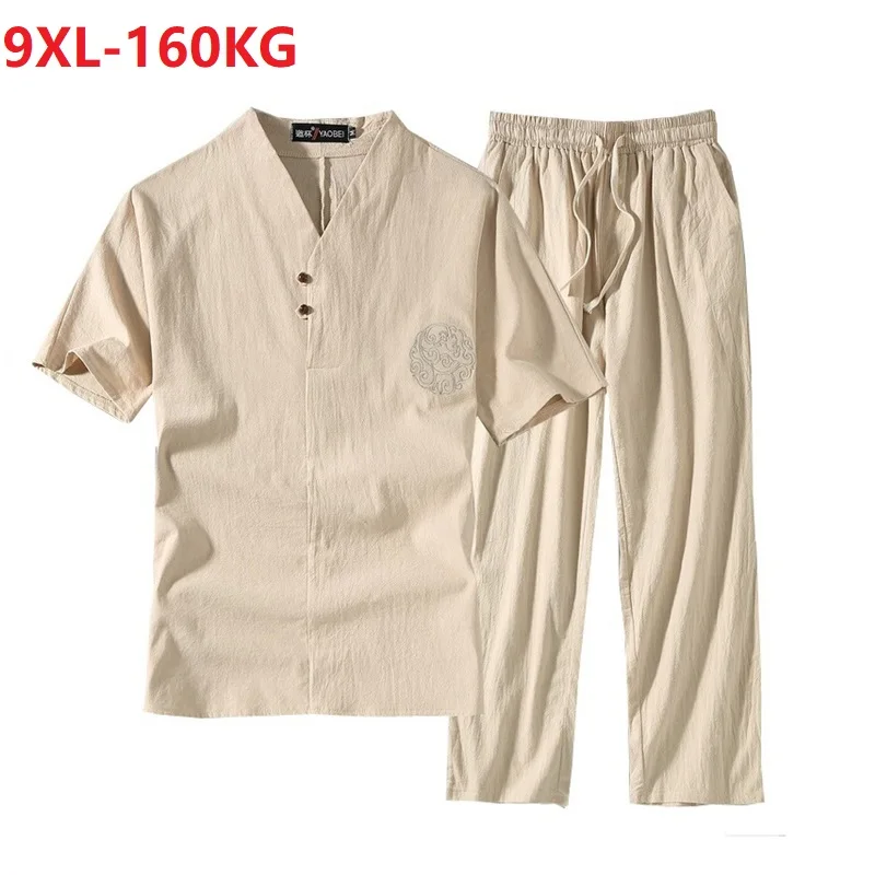 Pyjama d\'été pour hommes, T-shirt à manches courtes et pantalons de style chinois, vêtements de nuit, grande taille, respirant, lin, coton,