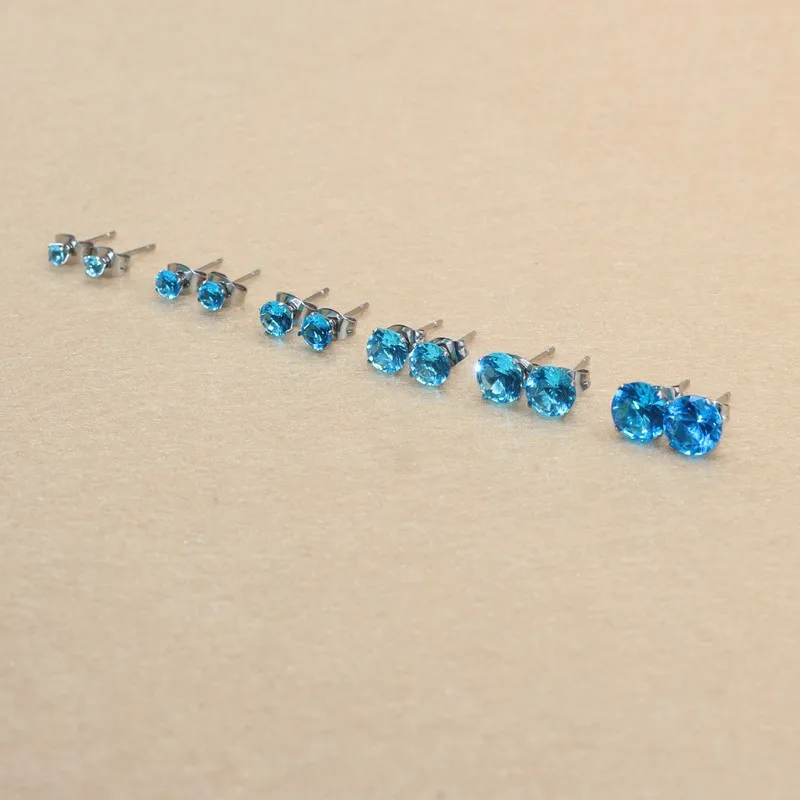 Stainless Steel Stud Earrings With 3mm To 8mm Ocean Blue Zircons No Fade Allergy Free Classic Style