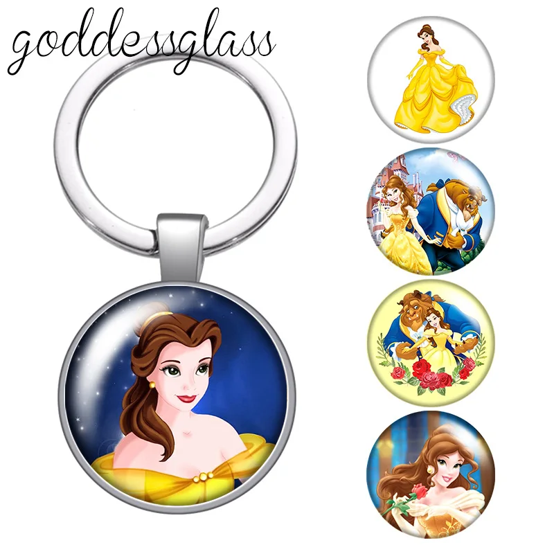 Disney Beauty and the beast Princess Belle glass cabochon keychain Bag Car key chain Ring Holder Charms keychains gift