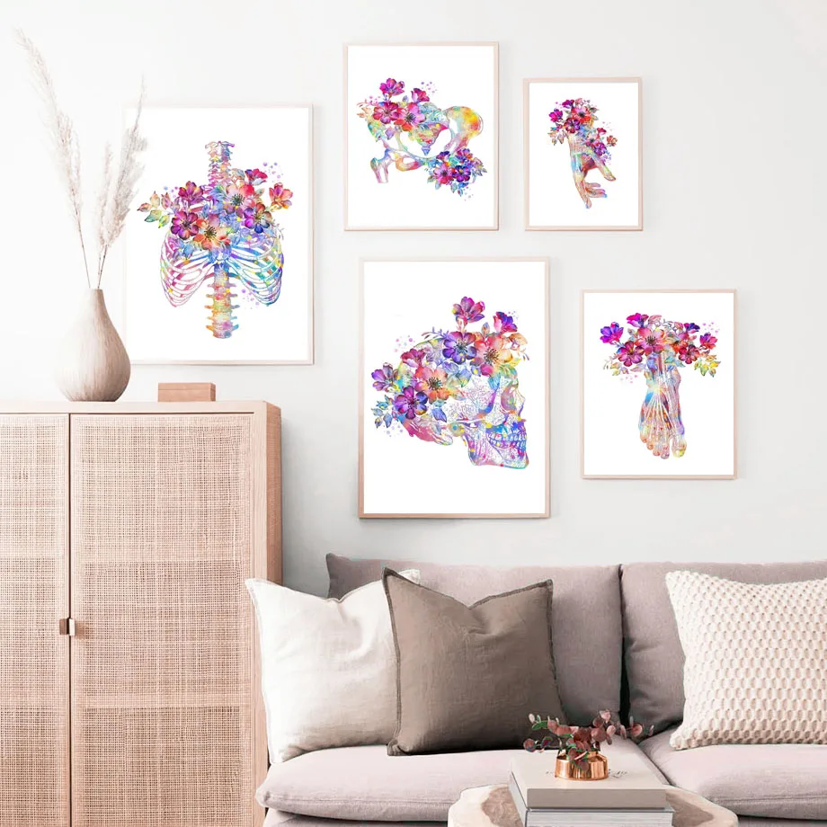 Skeleton anatomy, floral skull hand and foot anatomy, doctor room clinic wall art poster home decor