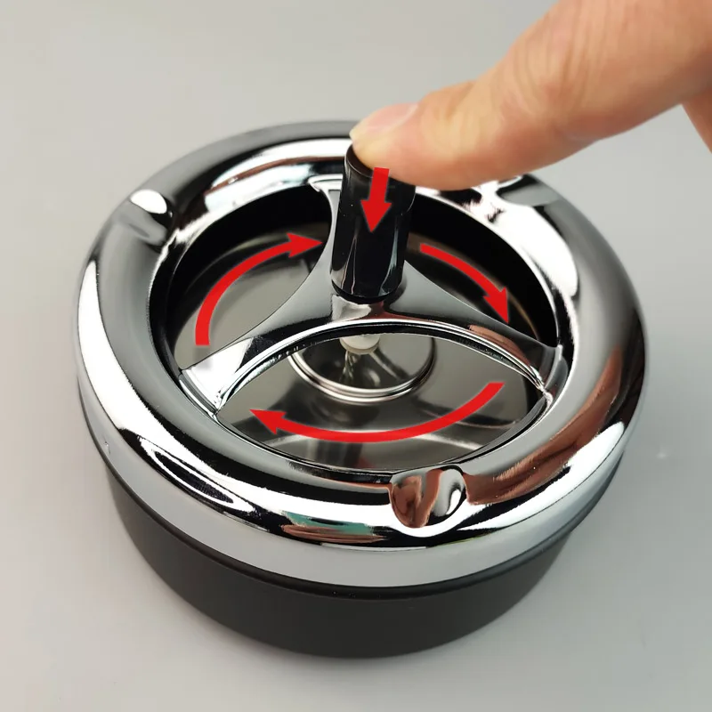 13cm Rotary Ashtray for Office，Hotel，Home Use，Finger Press Automatic Rotation Cleaning Fireproof Sealing Smoking Metal Ashtray