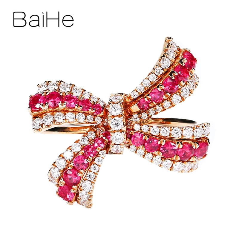 BAIHE Solid 14K Rose Gold Red Natural Ruby Diamond Bowknot Ring Women Trendy Party Fine Jewelry Anillo con lazo anneau d'arc